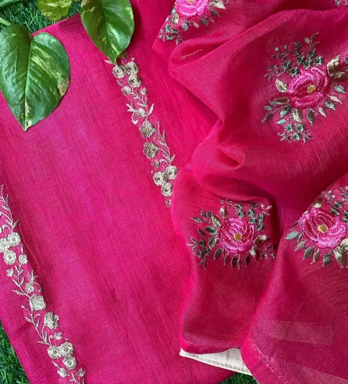 Pure Linen by Linen Floral Embroidery Work Unstitched Top Material with Matching Dupatta – Elegant Summer Wear for Women